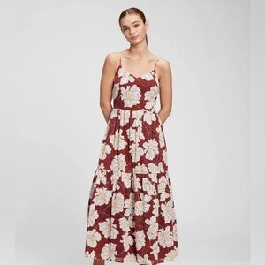 NEW GAP Cami V-Neck Maxi Dress Brown/ Red burgundy floral print XS